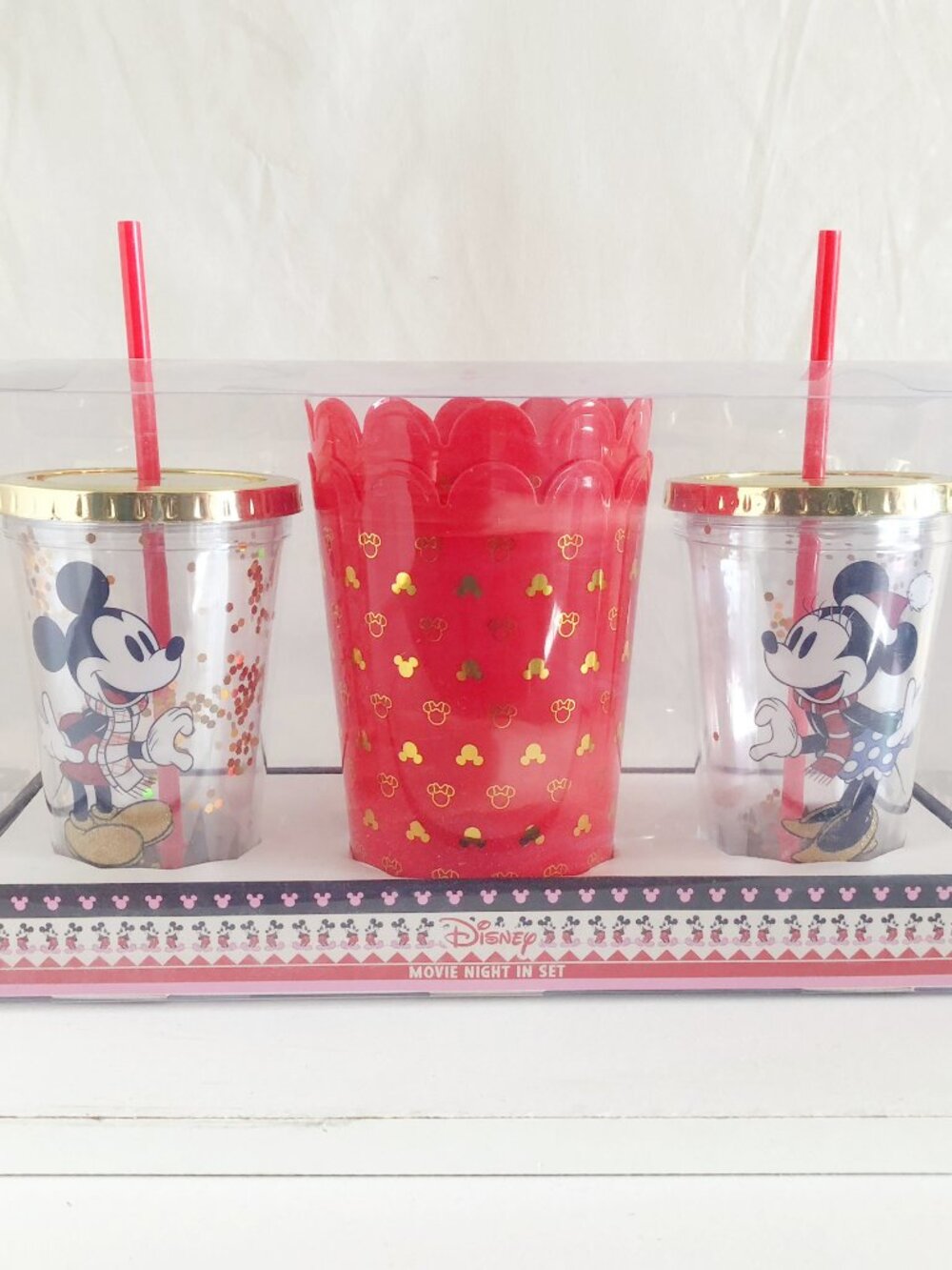 Disney Christmas "Movie Night In" Insulated Tumblers Popcorn Bucket Snack Set
